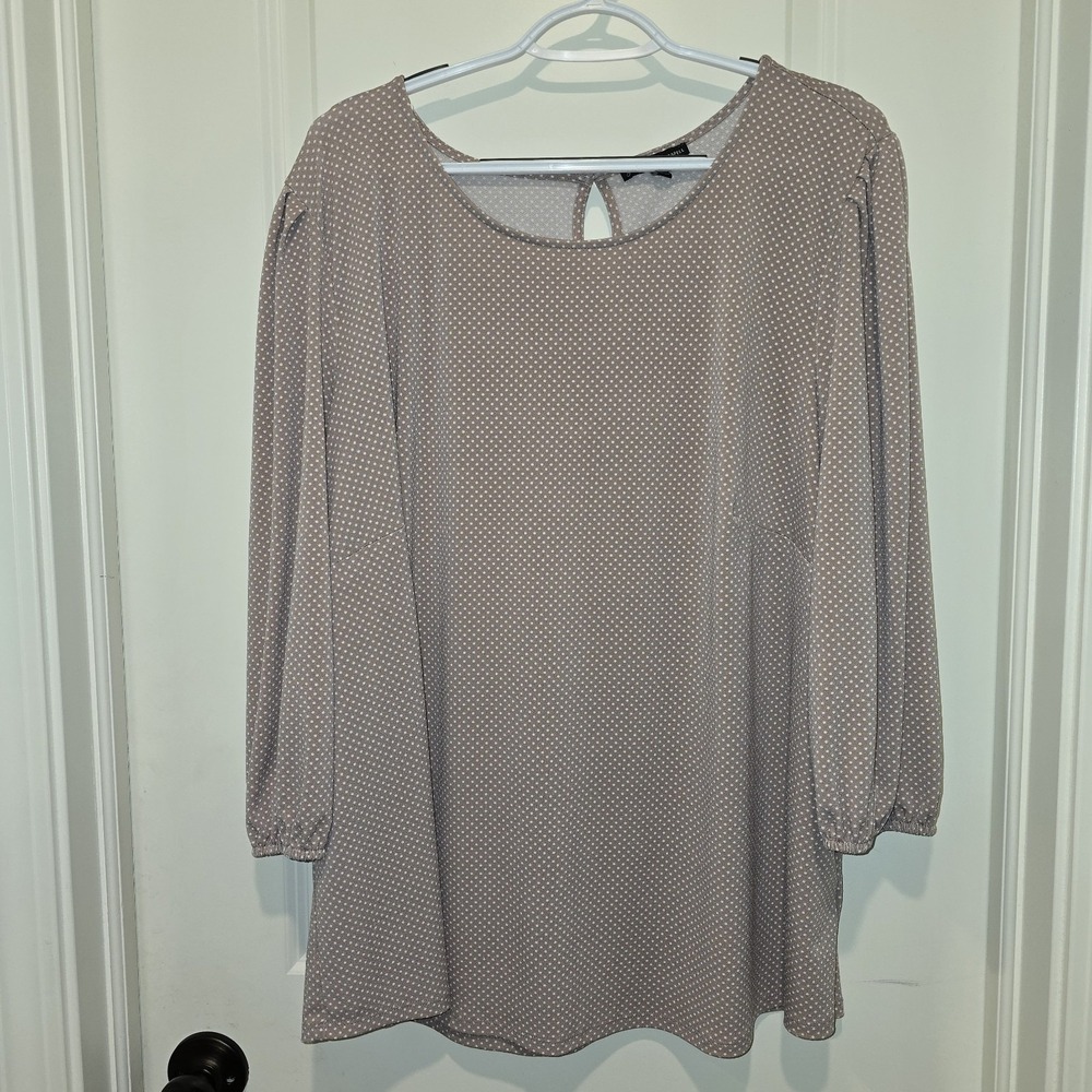 Women's Adrianna Papell Tan White Polka Dot Blouse Ruffled 3/4‎ Sleeve, Size 3X